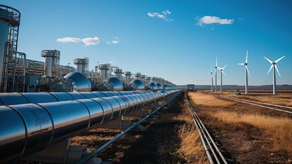 A hydrogen pipeline with wind turbines and in the background.
