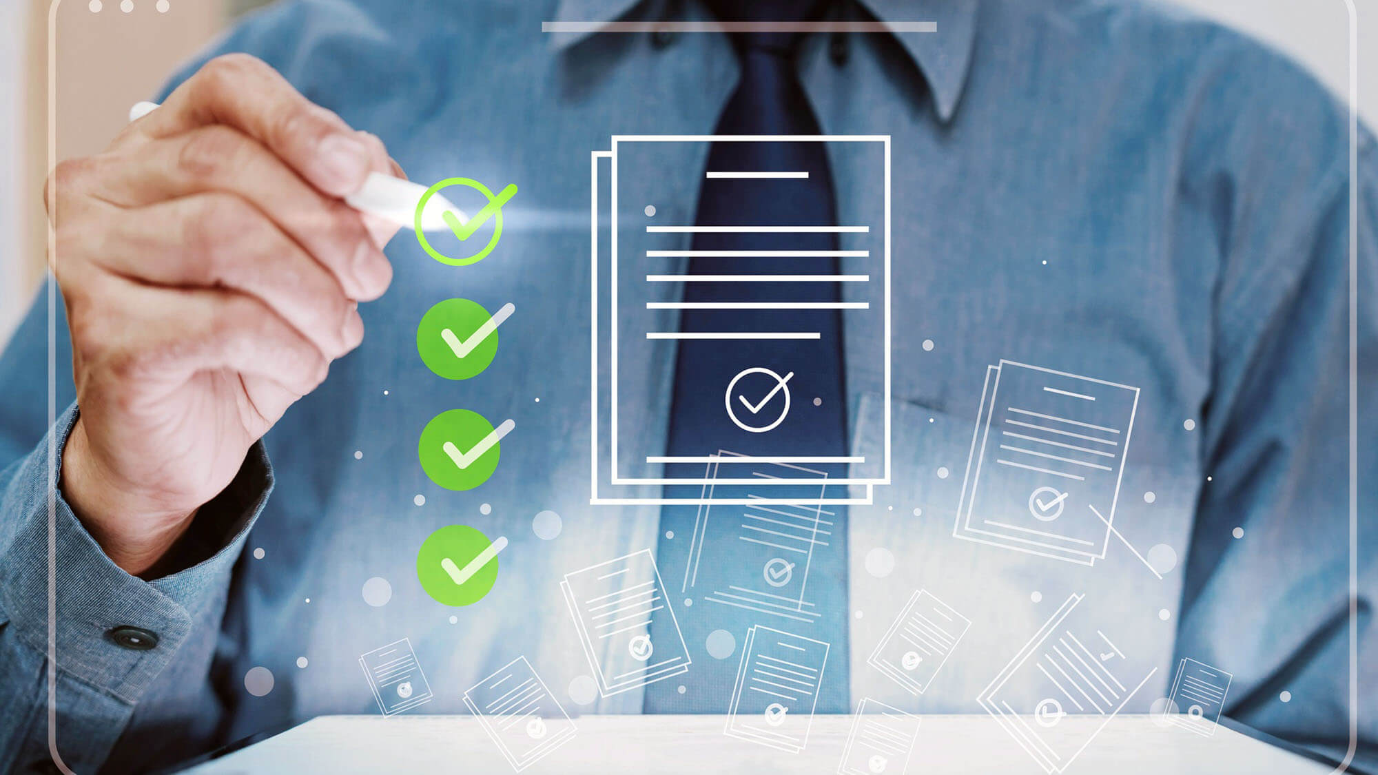 Checklist Survey Concept, Assessment and Quality Control, Project Approval Concept Businessman analyzes business growth chart for approval